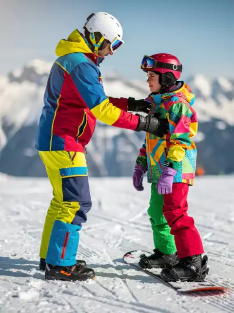 Snowboard instructeur helpt beginner met juiste houding op besneeuwde piste met bergen op achtergrond