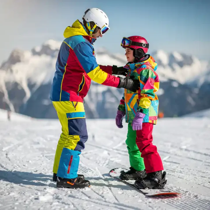 Snowboard instructeur helpt beginner met juiste houding op besneeuwde piste met bergen op achtergrond