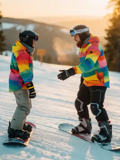 Snowboard instructeur toont juiste houding aan beginnende student op besneeuwde piste tijdens gouden uurtje