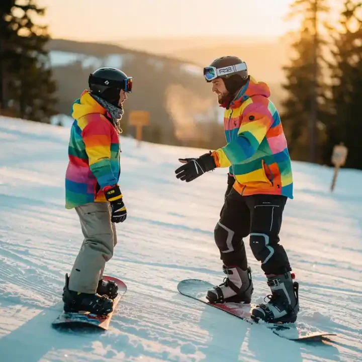 Snowboard instructeur toont juiste houding aan beginnende student op besneeuwde piste tijdens gouden uurtje