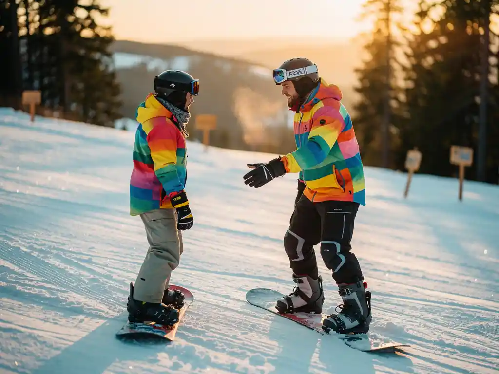 Snowboard instructeur toont juiste houding aan beginnende student op besneeuwde piste tijdens gouden uurtje