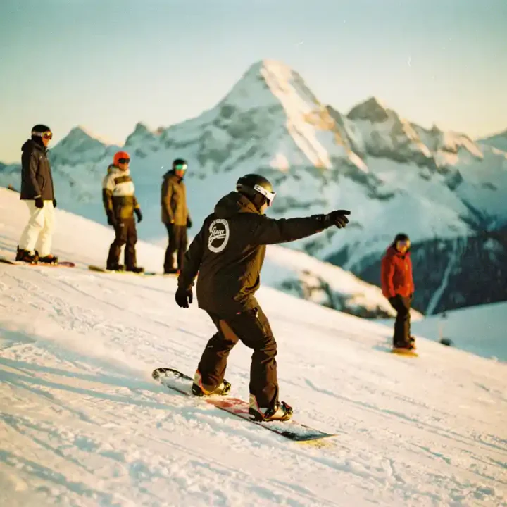 Snowboard instructeur toont techniek aan studenten op besneeuwde bergpiste met zonneschijn en bergtoppen op achtergrond