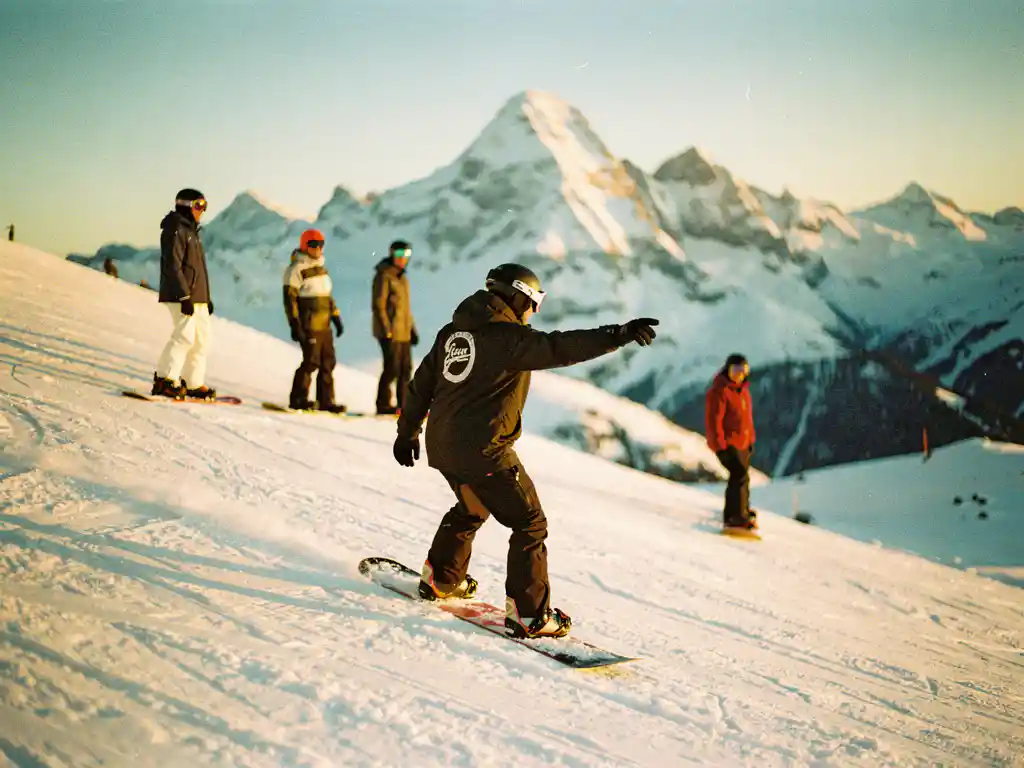 Snowboard instructeur toont techniek aan studenten op besneeuwde bergpiste met zonneschijn en bergtoppen op achtergrond
