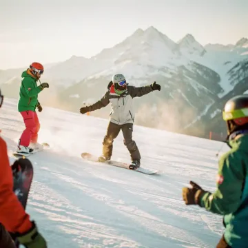 Snowboard instructeur demonstreert techniek aan leerlingen op besneeuwde piste met bergachtergrond in gouden zonlicht