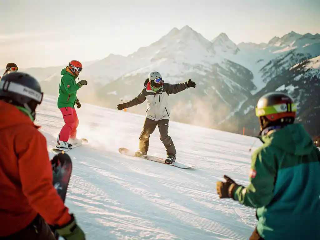 Snowboard instructeur demonstreert techniek aan leerlingen op besneeuwde piste met bergachtergrond in gouden zonlicht
