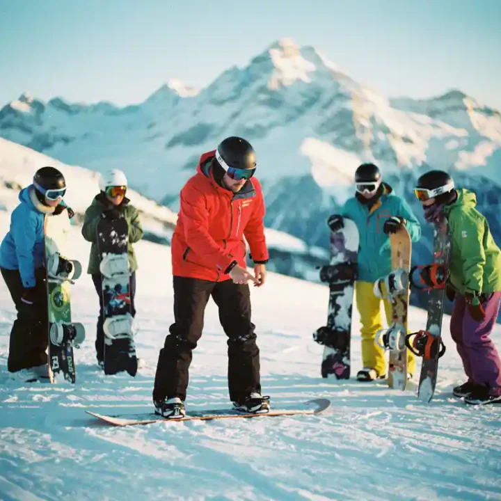 Snowboard instructeur in rode jas toont voetpositionering aan groep leerlingen op besneeuwde helling met bergen op achtergrond