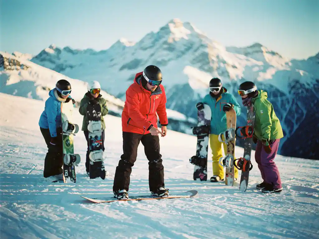 Snowboard instructeur in rode jas toont voetpositionering aan groep leerlingen op besneeuwde helling met bergen op achtergrond