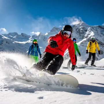 Snowboard instructeur in rode jas demonstreert techniek aan studenten op besneeuwde berghelling met alpine achtergrond