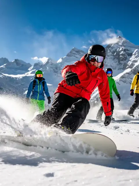 Snowboard instructeur in rode jas demonstreert techniek aan studenten op besneeuwde berghelling met alpine achtergrond
