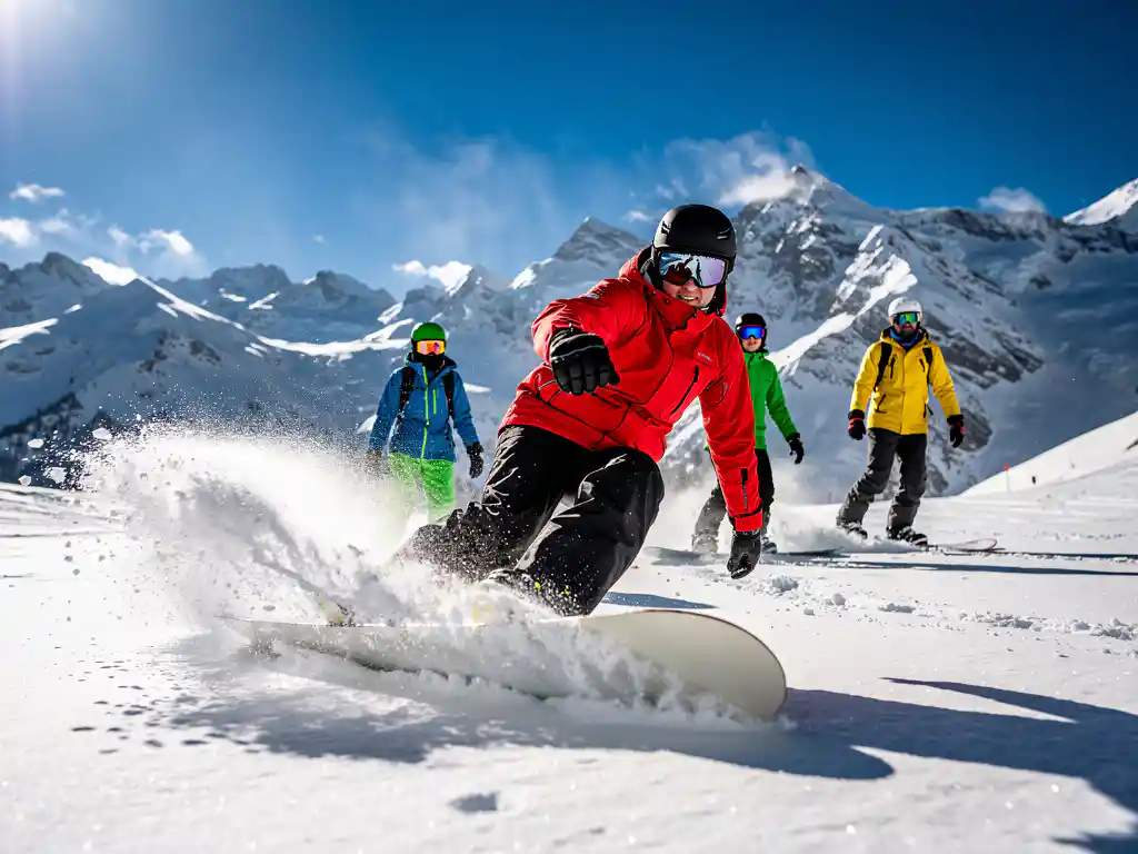 Snowboard instructeur in rode jas demonstreert techniek aan studenten op besneeuwde berghelling met alpine achtergrond
