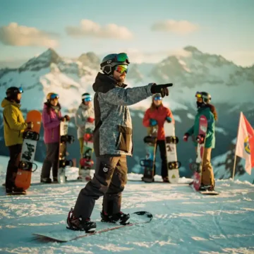 Snowboard instructeur demonstreert techniek aan diverse groep studenten op besneeuwde bergpiste bij zonsondergang