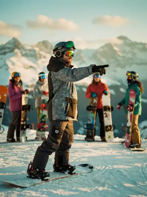 Snowboard instructeur demonstreert techniek aan diverse groep studenten op besneeuwde bergpiste bij zonsondergang