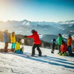 Snowboard instructeur in rode jas demonstreert techniek aan leerlingen op besneeuwde bergpiste met alpine achtergrond