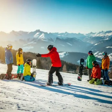 Snowboard instructeur in rode jas demonstreert techniek aan leerlingen op besneeuwde bergpiste met alpine achtergrond