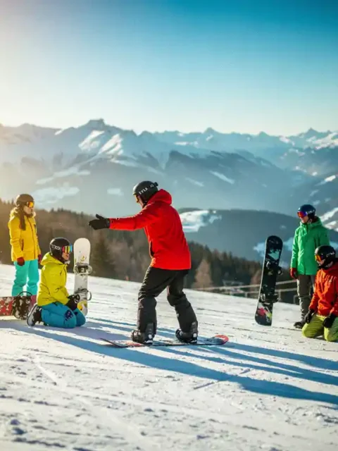 Snowboard instructeur in rode jas demonstreert techniek aan leerlingen op besneeuwde bergpiste met alpine achtergrond