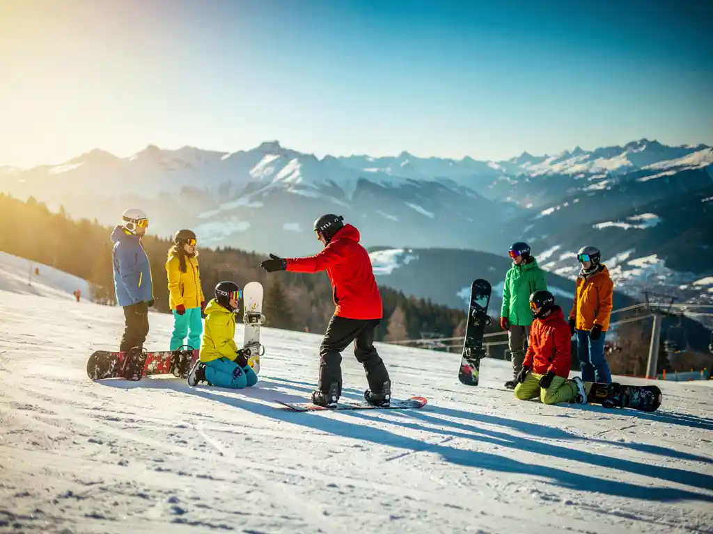 Snowboard instructeur in rode jas demonstreert techniek aan leerlingen op besneeuwde bergpiste met alpine achtergrond