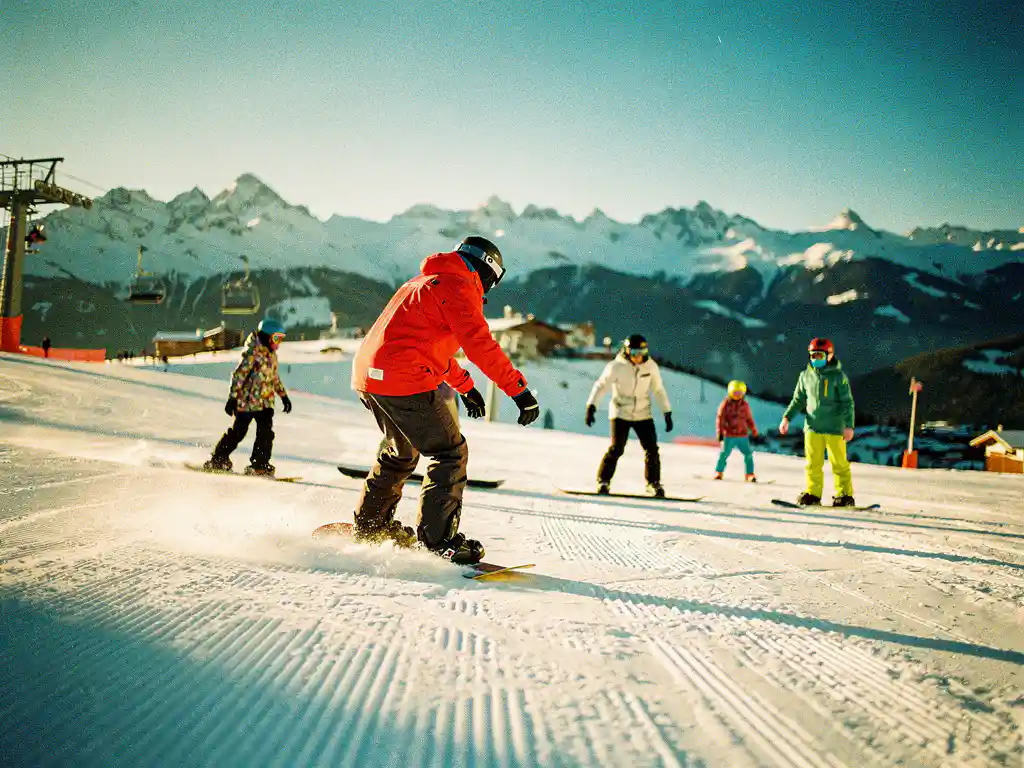 Snowboard instructeur in rode jas demonstreert techniek aan groep studenten op besneeuwde bergpiste bij zonsondergang