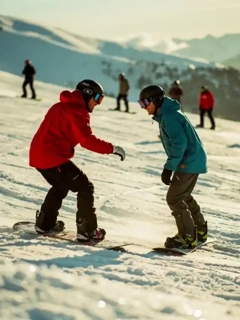 Snowboard instructeur in rode jas geeft les aan student op besneeuwde bergpiste met groep op achtergrond