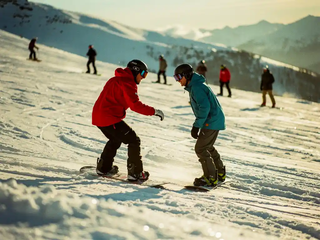 Snowboard instructeur in rode jas geeft les aan student op besneeuwde bergpiste met groep op achtergrond