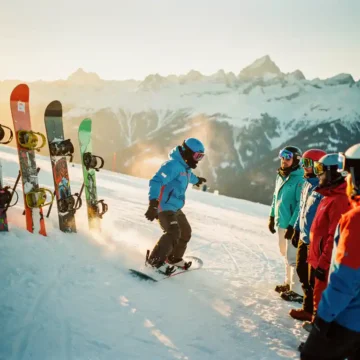 Snowboard instructeur demonstreert techniek aan groep studenten op besneeuwde piste met bergen op achtergrond
