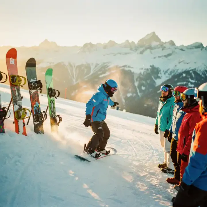 Snowboard instructeur demonstreert techniek aan groep studenten op besneeuwde piste met bergen op achtergrond