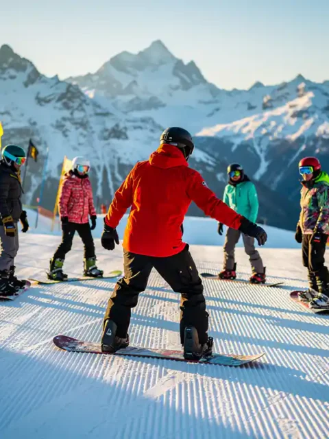Snowboard instructeur in rode jas toont juiste houding aan groep studenten op besneeuwde piste met bergen op achtergrond