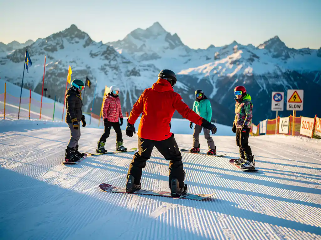 Snowboard instructeur in rode jas toont juiste houding aan groep studenten op besneeuwde piste met bergen op achtergrond