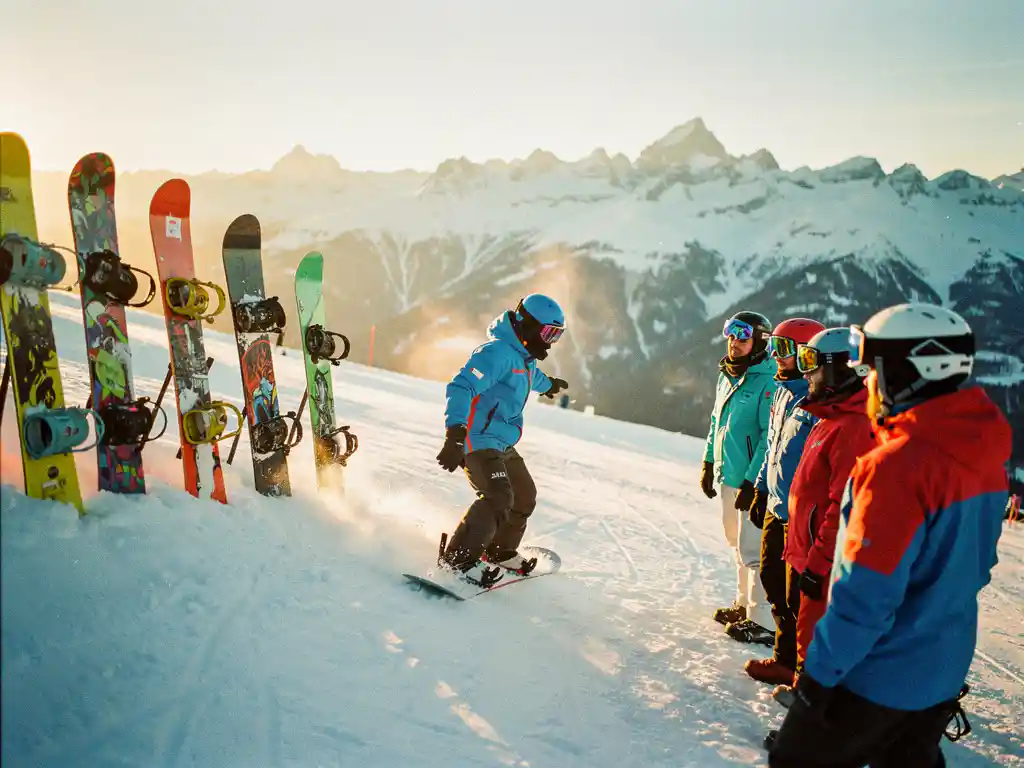 Snowboard instructeur demonstreert techniek aan groep studenten op besneeuwde piste met bergen op achtergrond