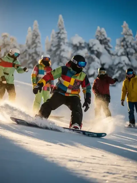 Snowboard instructeur toont techniek aan beginners op poedersneeuw met bergen en dennenbomen op achtergrond