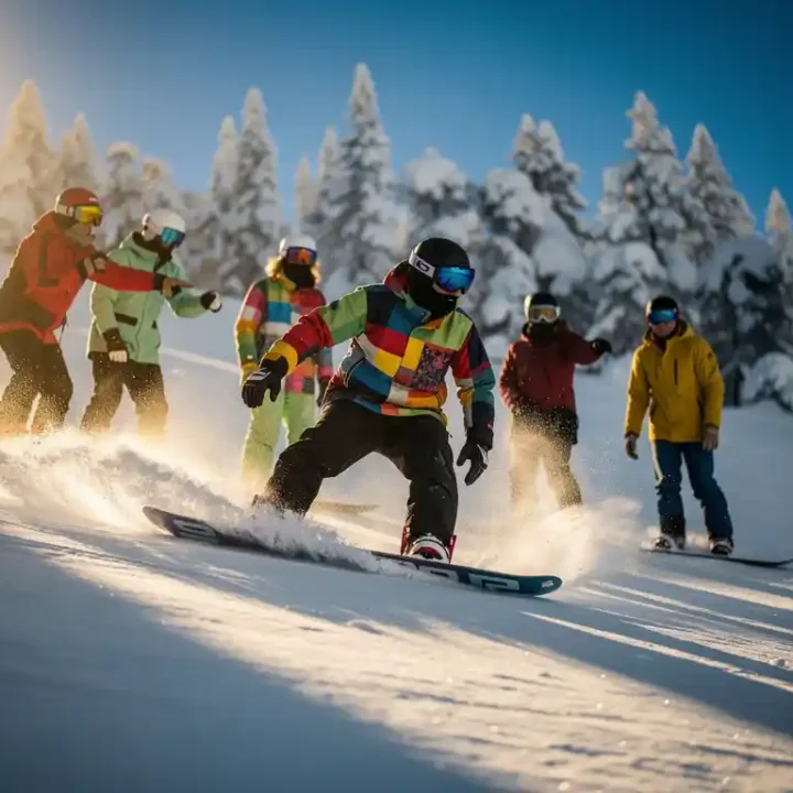 Snowboard instructeur toont techniek aan beginners op poedersneeuw met bergen en dennenbomen op achtergrond