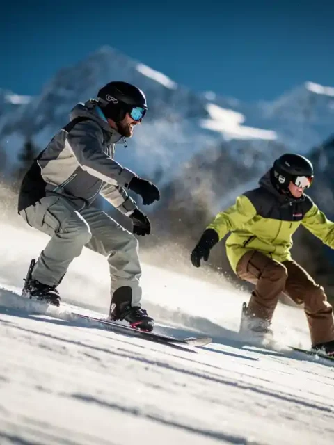 Professionele snowboard instructeur toont techniek aan leerling op besneeuwde piste met bergachtergrond