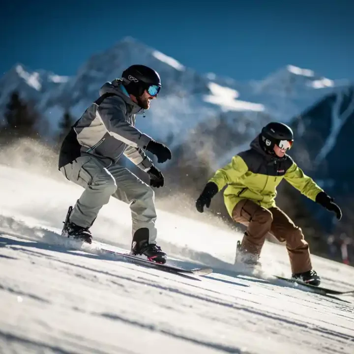 Professionele snowboard instructeur toont techniek aan leerling op besneeuwde piste met bergachtergrond