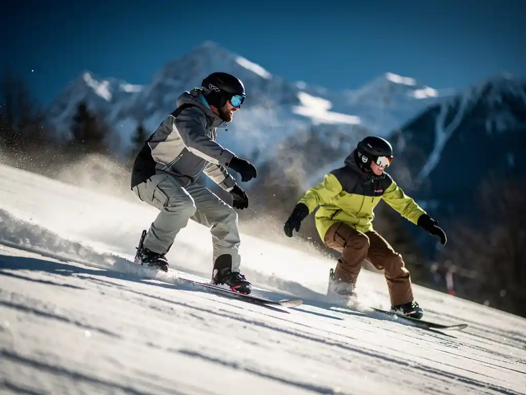 Professionele snowboard instructeur toont techniek aan leerling op besneeuwde piste met bergachtergrond