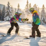Snowboard instructeur in felle winterkleding demonstreert techniek aan student op besneeuwde helling bij zonsondergang