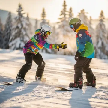 Snowboard instructeur in felle winterkleding demonstreert techniek aan student op besneeuwde helling bij zonsondergang