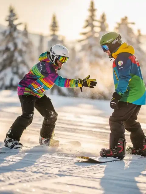 Snowboard instructeur in felle winterkleding demonstreert techniek aan student op besneeuwde helling bij zonsondergang