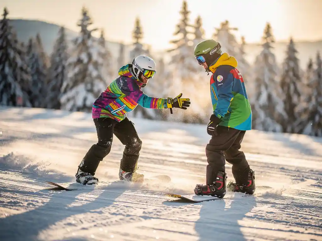 Snowboard instructeur in felle winterkleding demonstreert techniek aan student op besneeuwde helling bij zonsondergang