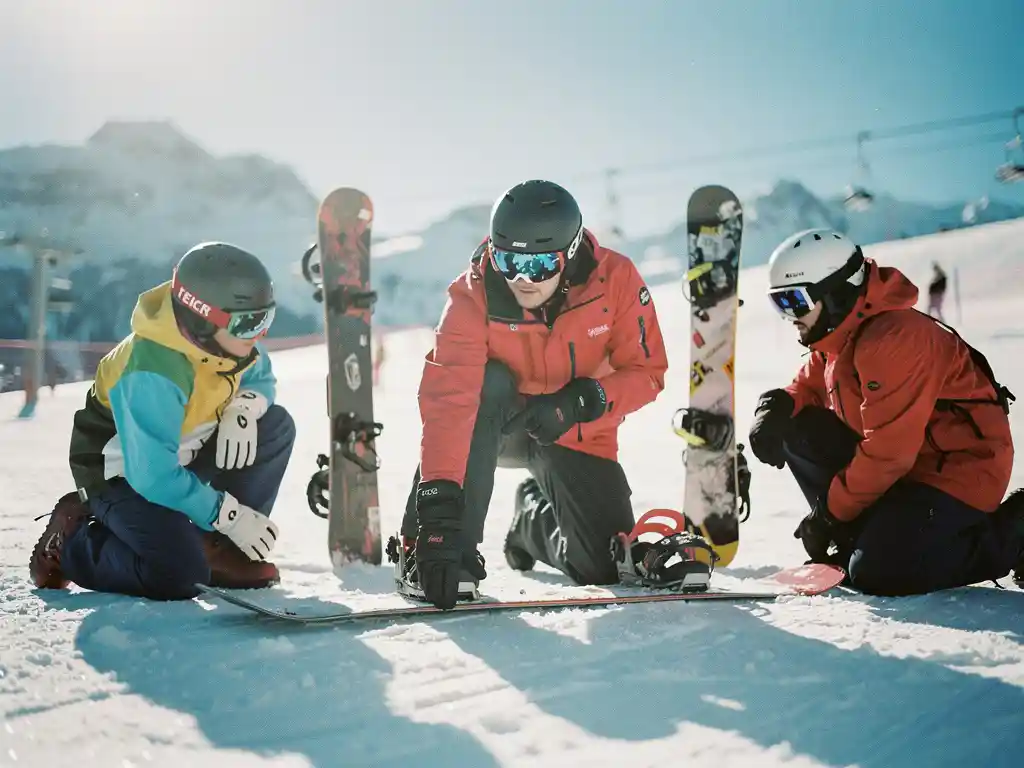 Snowboard instructeur demonstreert techniek aan drie studenten op besneeuwde helling met bergachtergrond