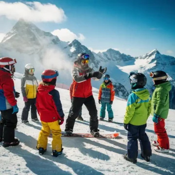 Snowboard instructeur demonstreert techniek aan groep leerlingen op besneeuwde helling met bergtoppen op achtergrond
