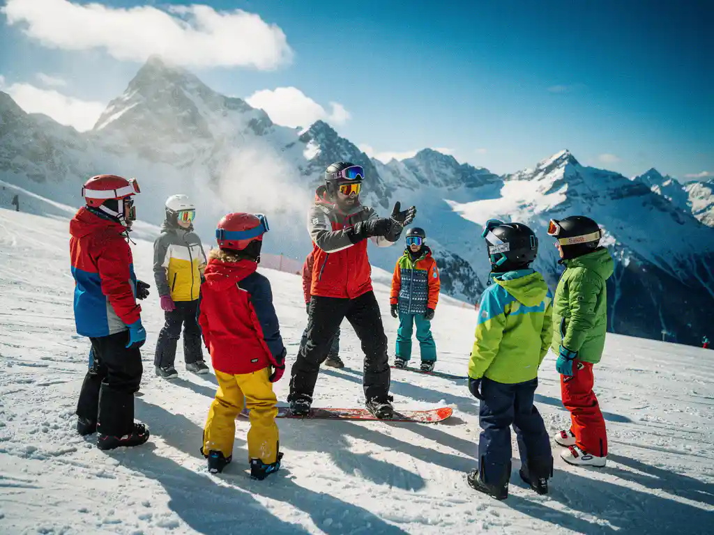 Snowboard instructeur demonstreert techniek aan groep leerlingen op besneeuwde helling met bergtoppen op achtergrond
