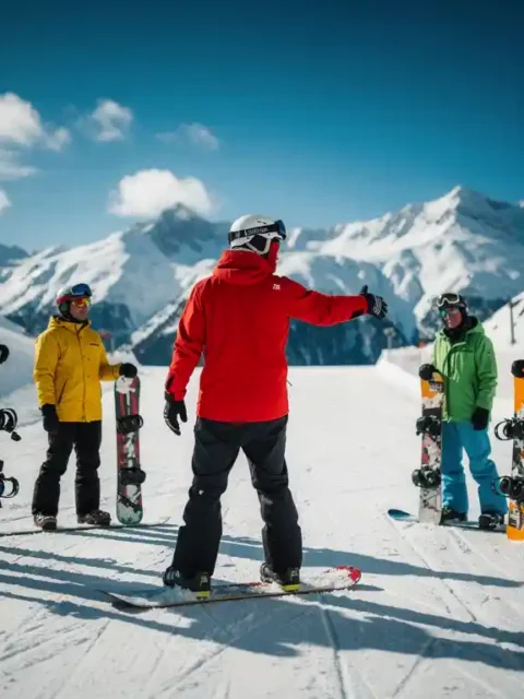 Snowboard instructeur in rode jas demonstreert techniek aan studenten op besneeuwde bergpiste onder blauwe lucht