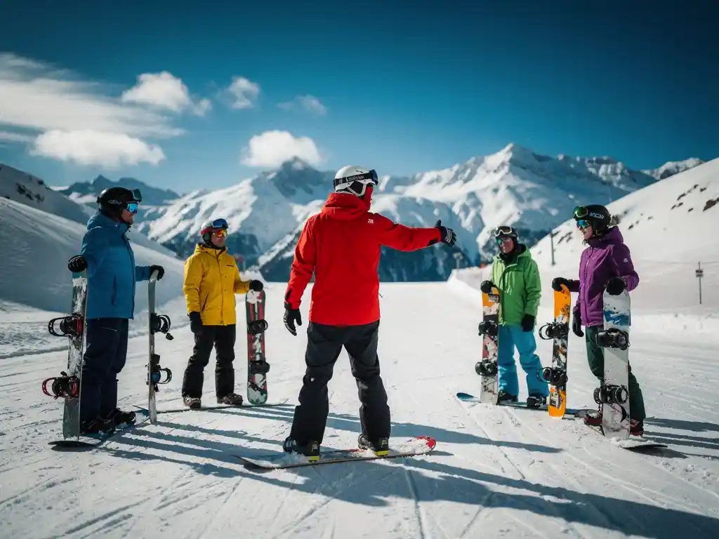 Snowboard instructeur in rode jas demonstreert techniek aan studenten op besneeuwde bergpiste onder blauwe lucht