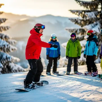 Snowboard instructeur in rode jas toont juiste houding aan groep leerlingen op besneeuwde piste met dennenbomen