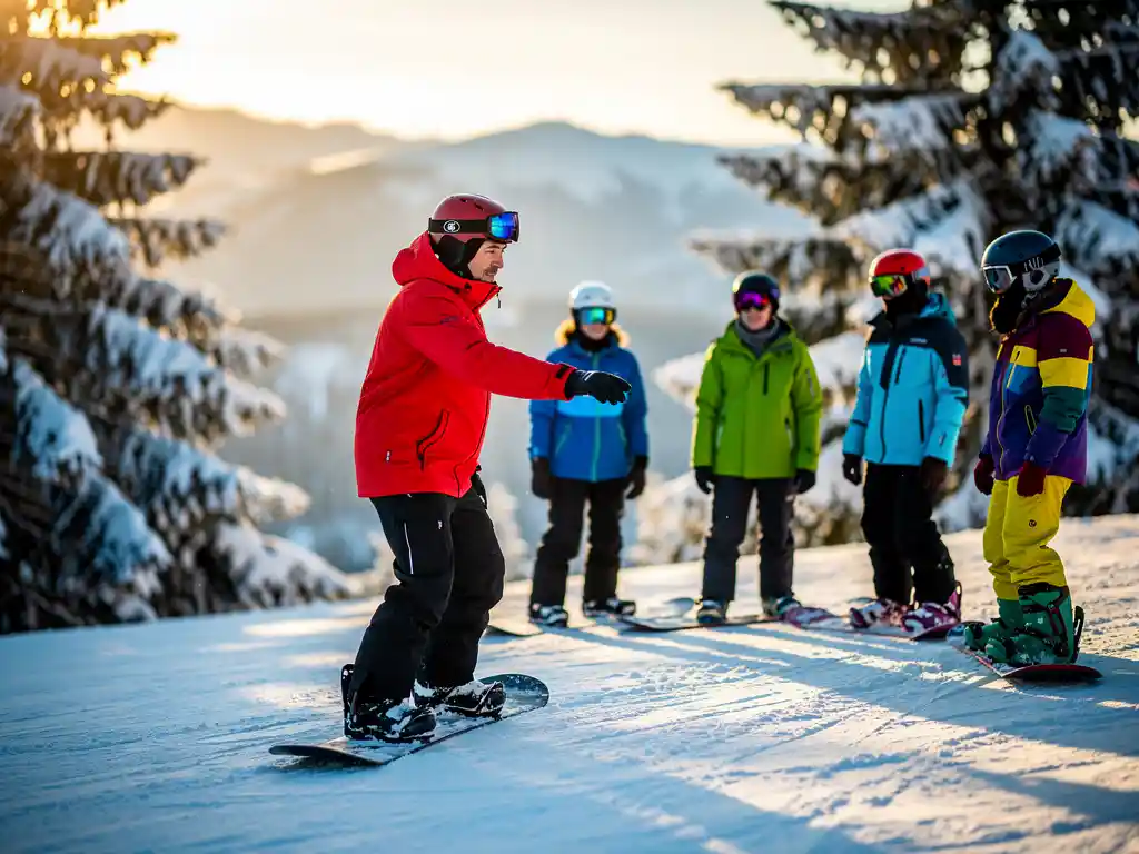 Snowboard instructeur in rode jas toont juiste houding aan groep leerlingen op besneeuwde piste met dennenbomen
