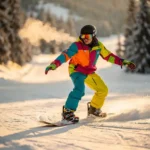 Snowboard instructeur toont juiste houding en balans op poedersneeuw, draagt felgekleurde winterkleding op beginnerspiste
