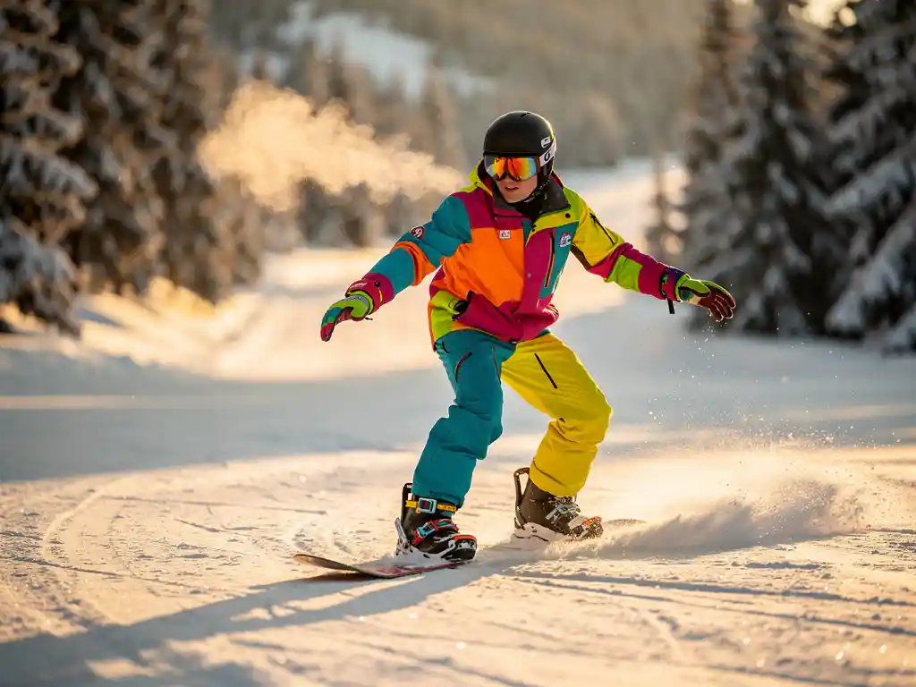 Snowboard instructeur toont juiste houding en balans op poedersneeuw, draagt felgekleurde winterkleding op beginnerspiste