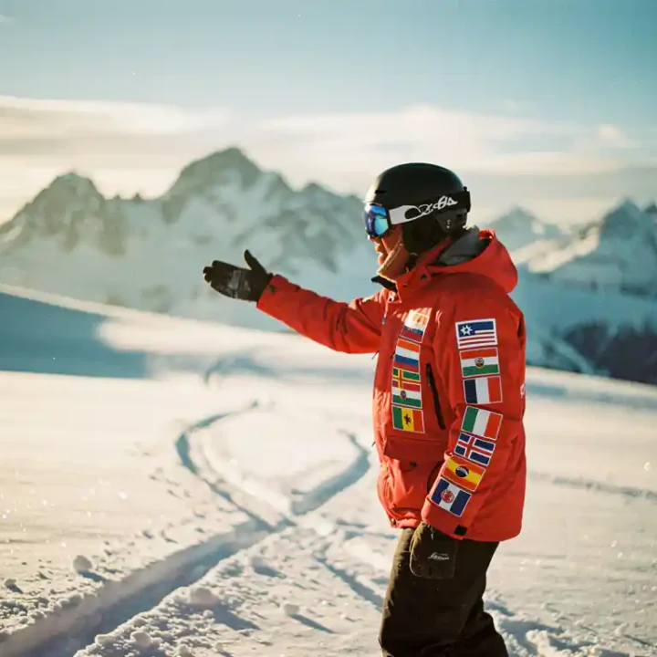 Snowboard instructeur in rode jas gebaart enthousiast op besneeuwde bergpiste met internationale vlaggen op uitrusting