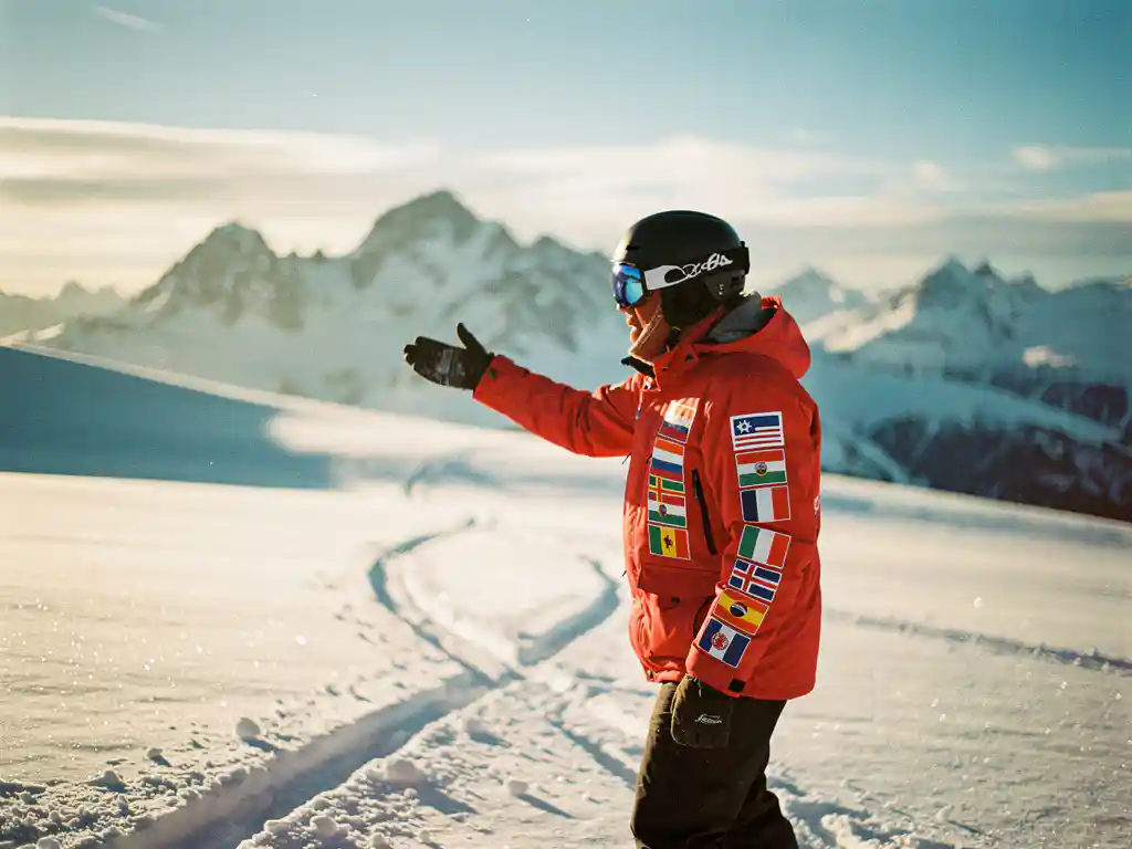 Snowboard instructeur in rode jas gebaart enthousiast op besneeuwde bergpiste met internationale vlaggen op uitrusting