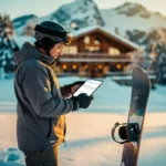 Snowboard instructeur controleert boekingskalender op tablet in besneeuwde bergen bij zonsondergang