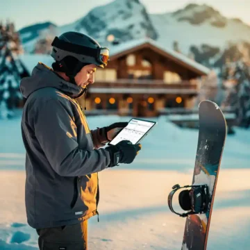 Snowboard instructeur controleert boekingskalender op tablet in besneeuwde bergen bij zonsondergang